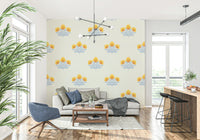 Blue leaves contrast with blooms on Golden Bloom Repeat mural art.