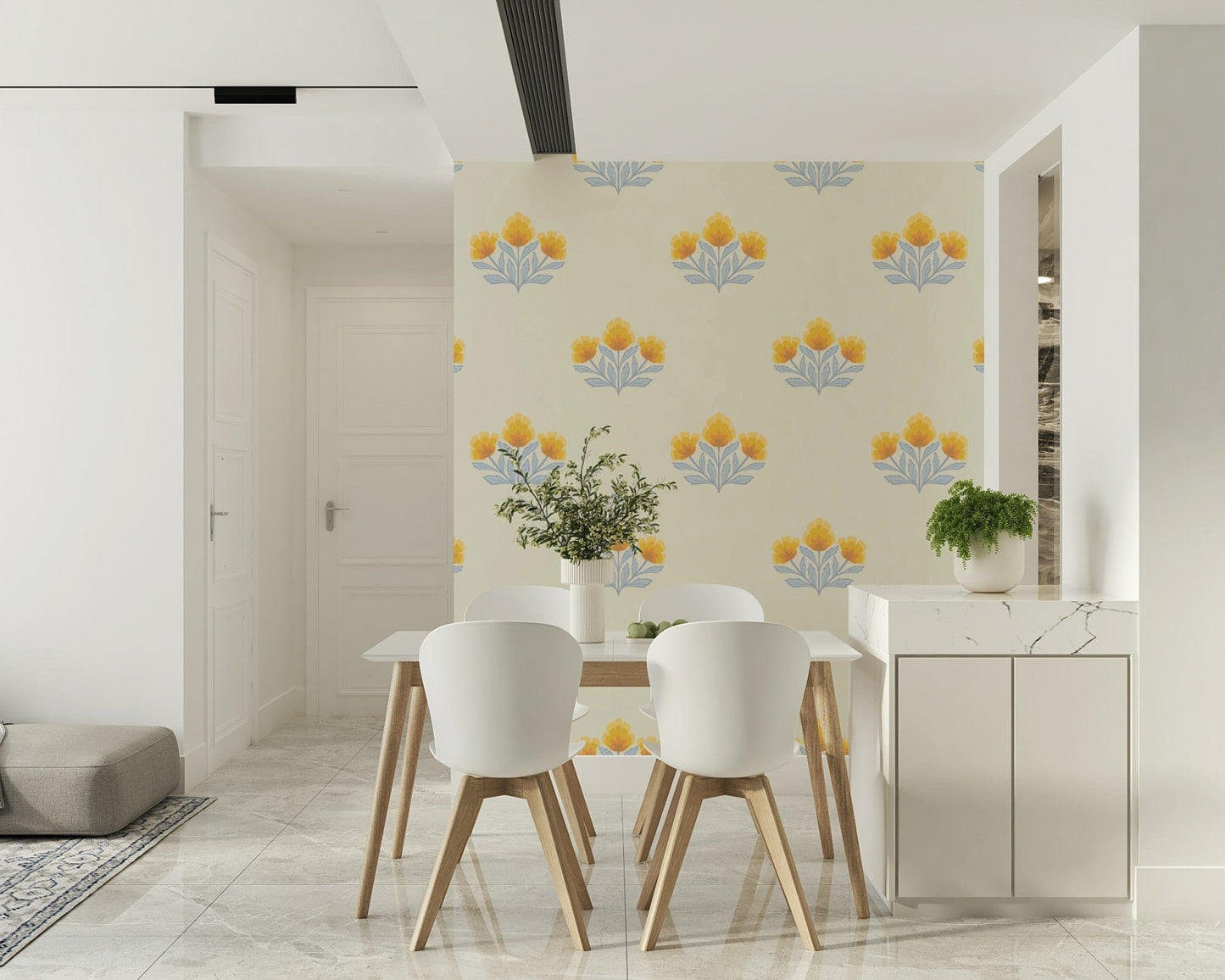 Feminine soft gold and blue hues feature in Golden Bloom Repeat accent wall.