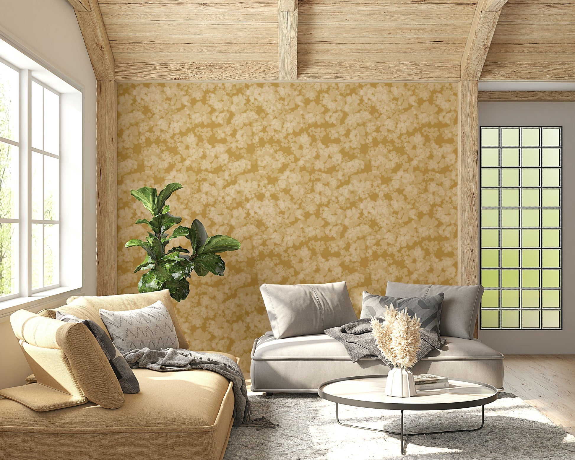 Hazy buttercup pattern wallpaper, unique artistic expression, Golden Soft Blossom.