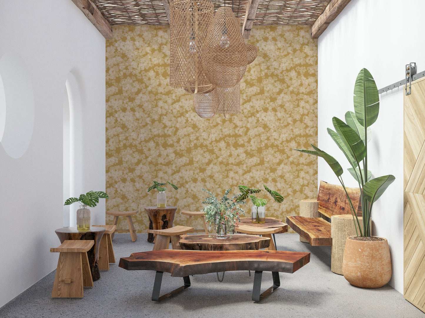 Rich ochre floral wall mural, Golden Soft Blossom, opulent living area feature.