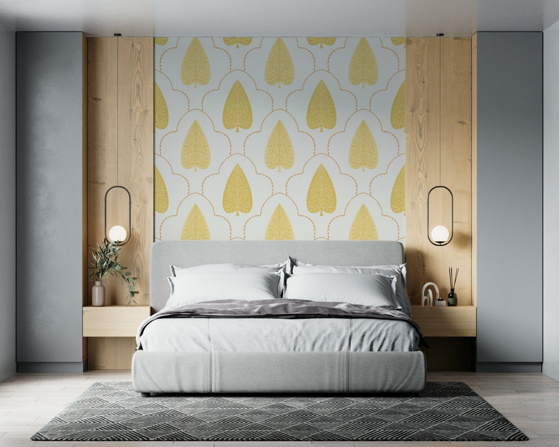 Intricate yellow trellis wallpaper, refined geometric frame, Golden Branch.