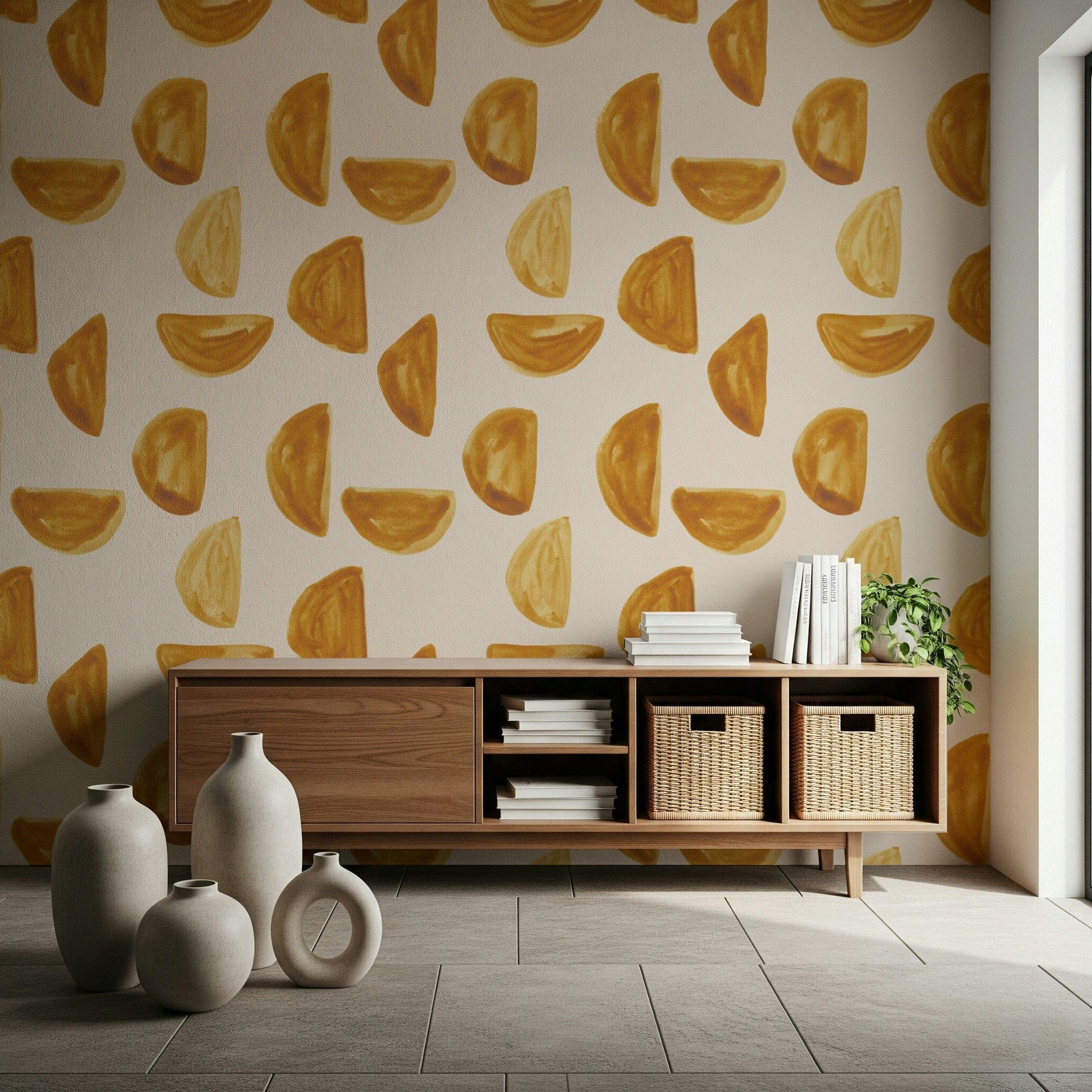 Modern abstract mural featuring layered brushstrokes in warm golden tones.