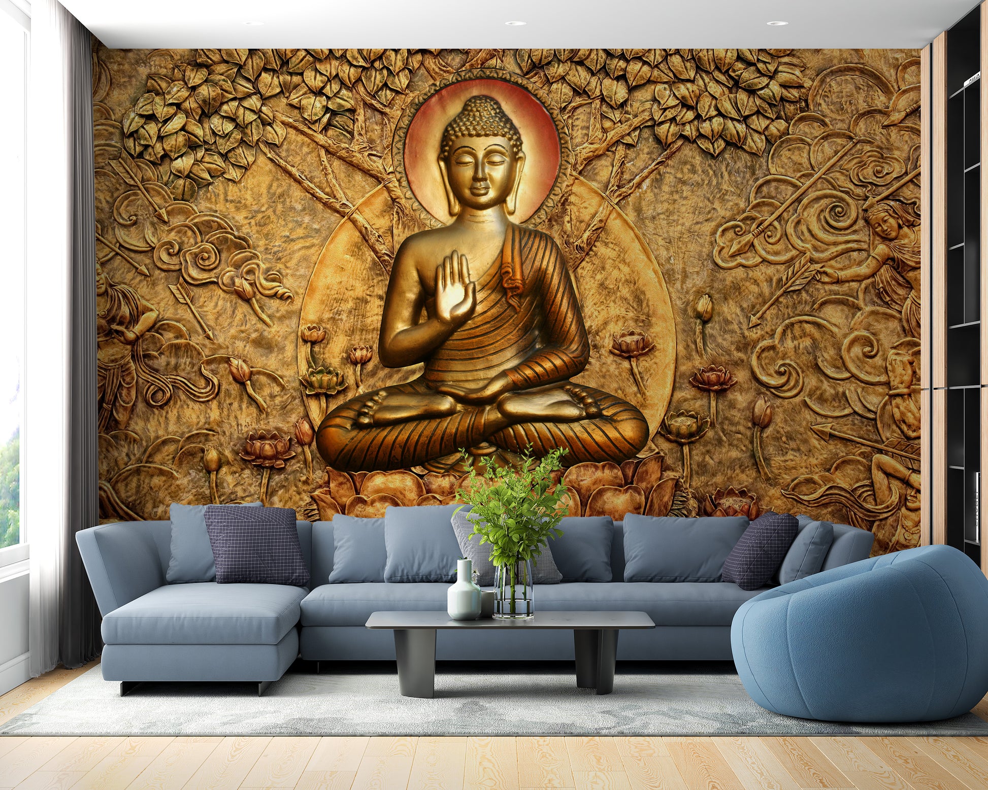 Golden Buddha Bas Relief Wall Mural - Giffywalls