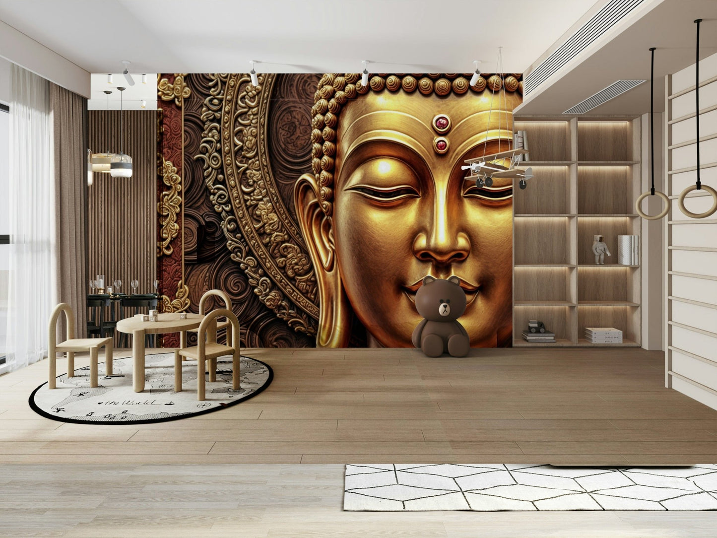 Golden Buddha mural in modern living room, warm gold tones, feature wall