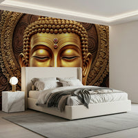 Buddha portrait mural in home office, minimalist style, gold and beige walls