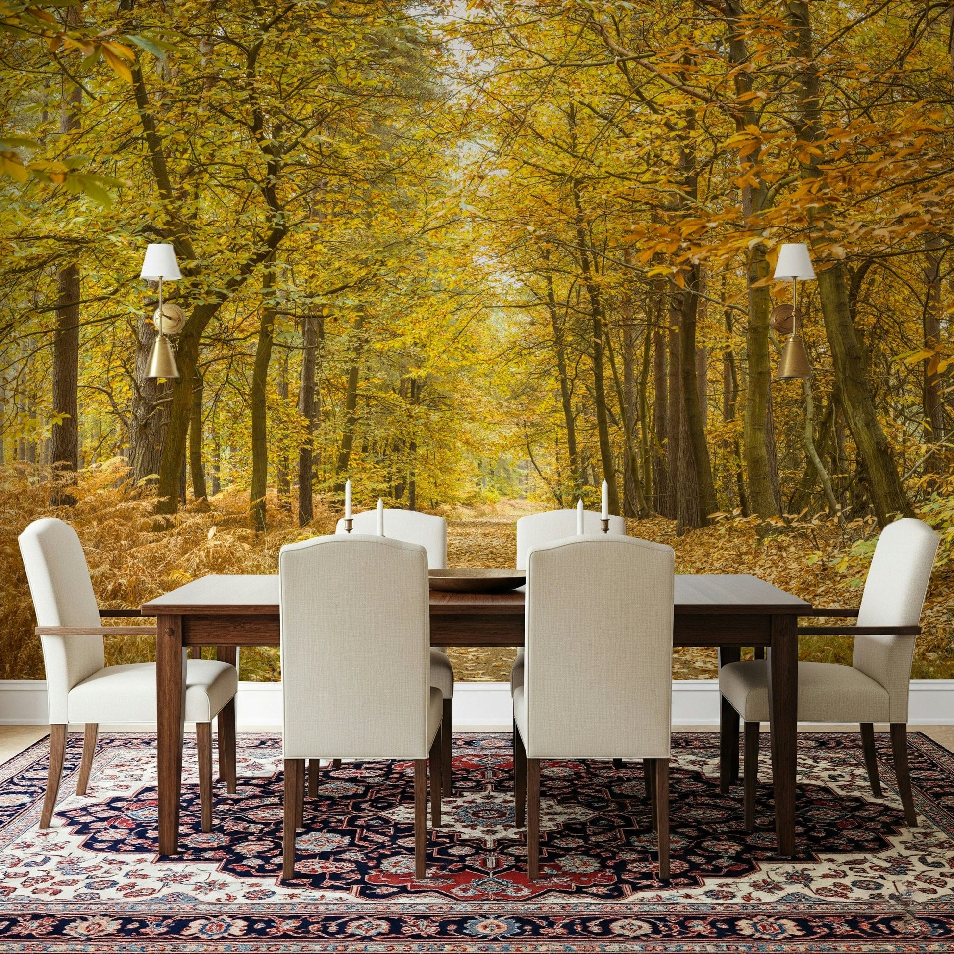 Majestic trees along Golden Canopy Trail immersive forest artwork print.