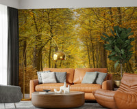 Peaceful Golden Canopy Trail trail framed by slender trunks on canvas.