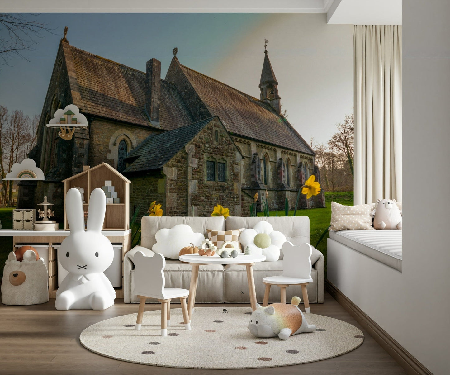 Lush grassy lawn textures in Golden Daffodils wall mural near pointed spire.