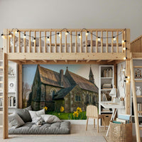 Traditional English chapel design in Golden Daffodils wall mural with wild plants.