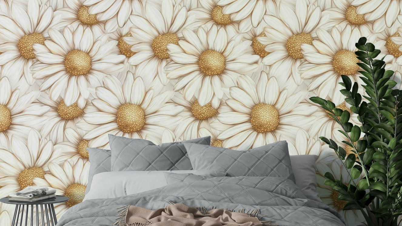 Elegant floral wall mural with golden daisies and soft tones.

