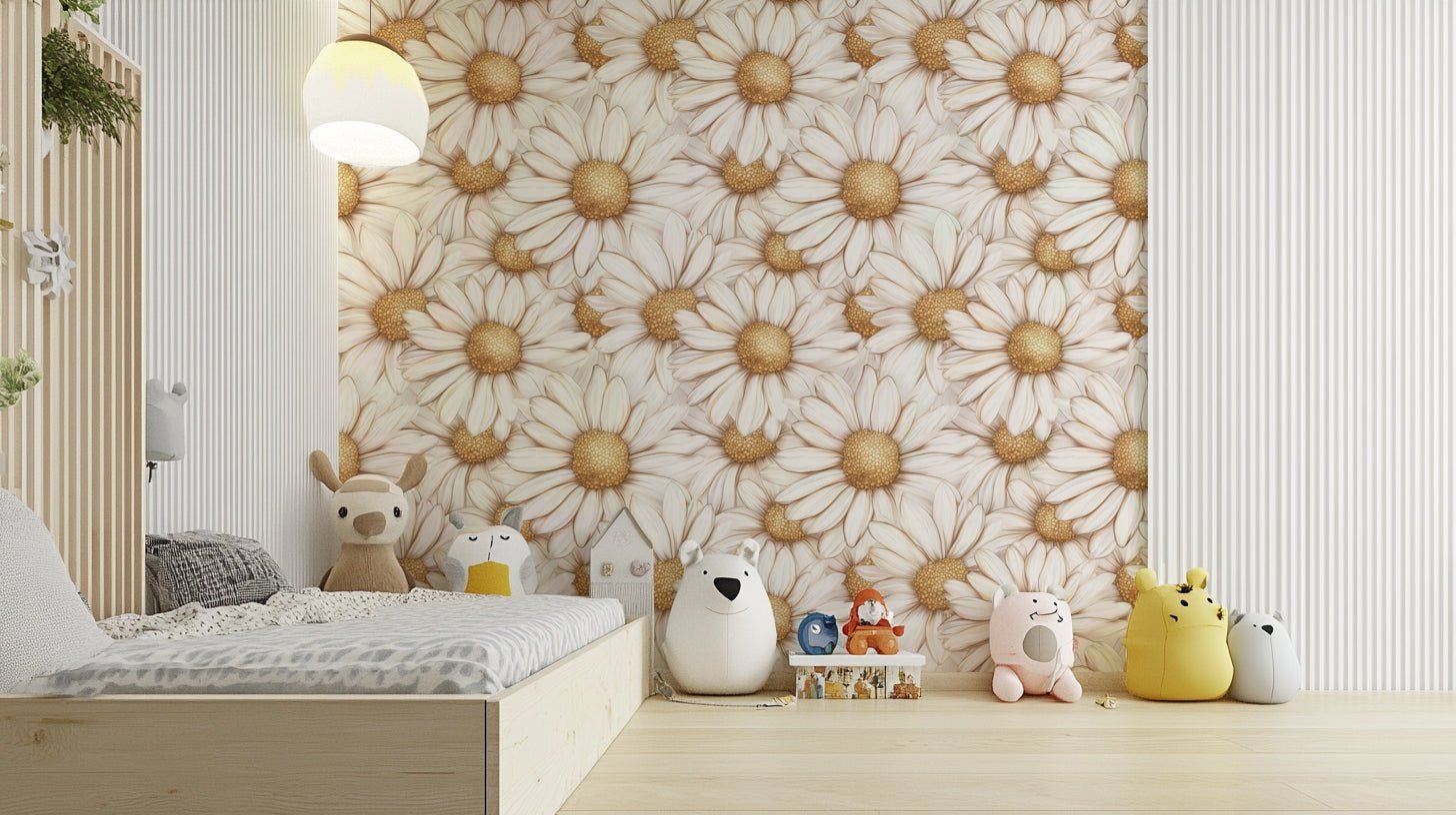 Golden Daisy Poetry wallpaper adding charm and elegance to walls.

