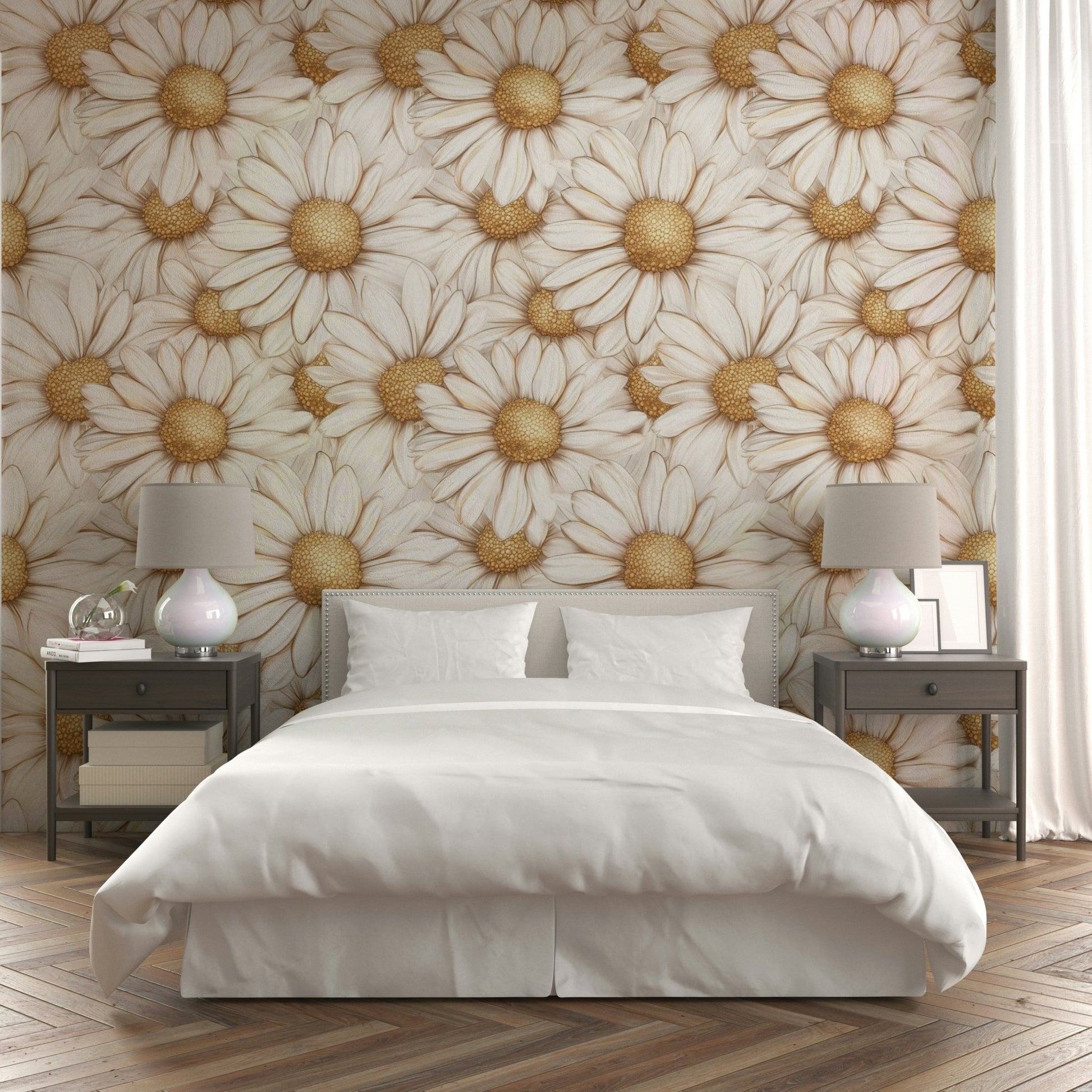 Delicate golden daisy design on soft-toned mural wallpaper.

