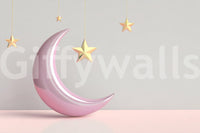 Gentle star pattern surrounding pink crescent moon

