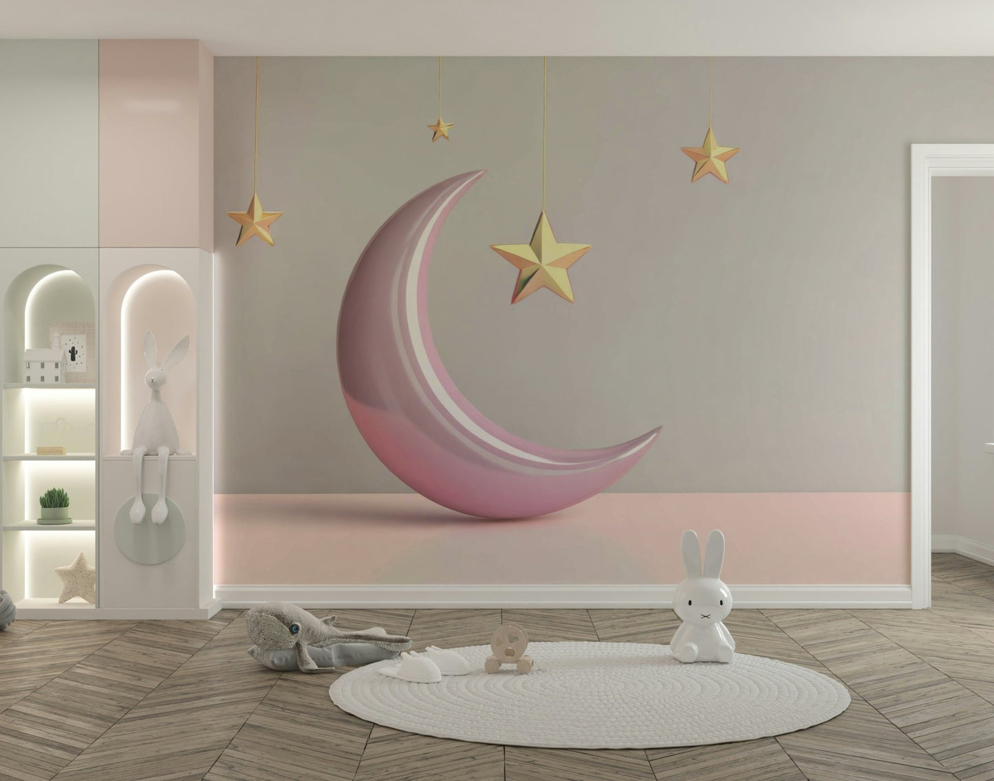 Soft pink night sky mural wallpaper in bedroom

