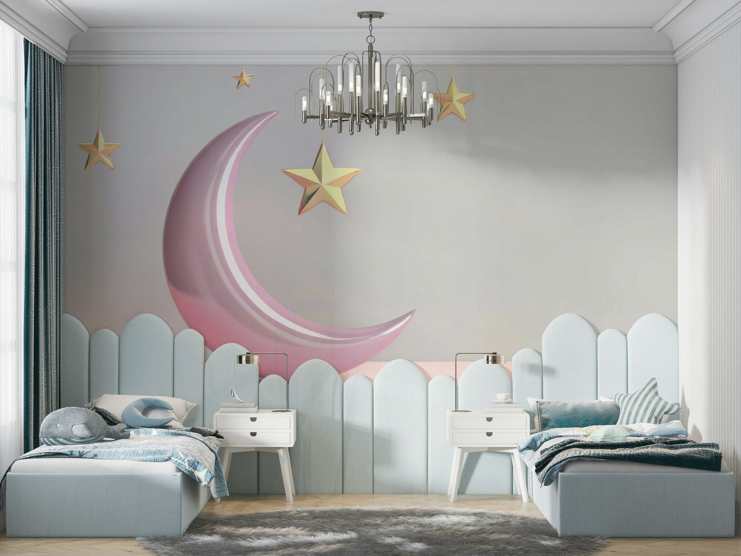 Nursery wall covered in pastel moon mural wallpaper

