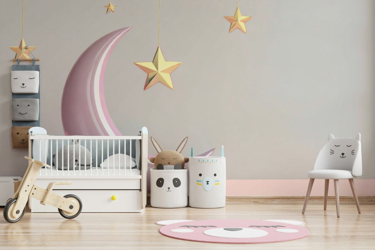 Dreamy nursery wall mural with pink moon theme

