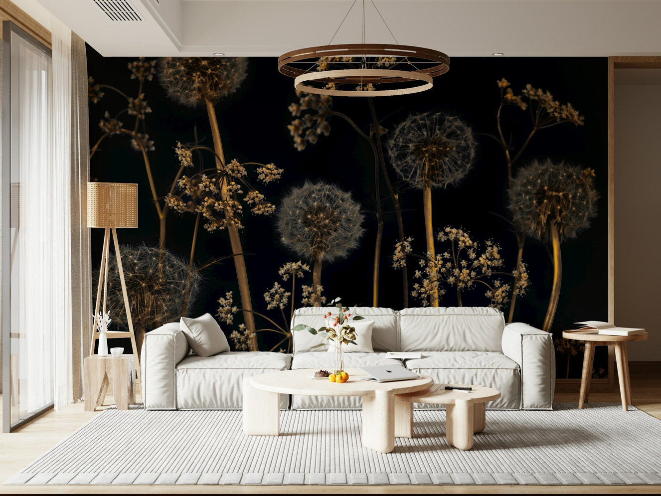 Botanical wallpaper showcasing airy wildflowers and dandelion seed heads in golden earthy tones.