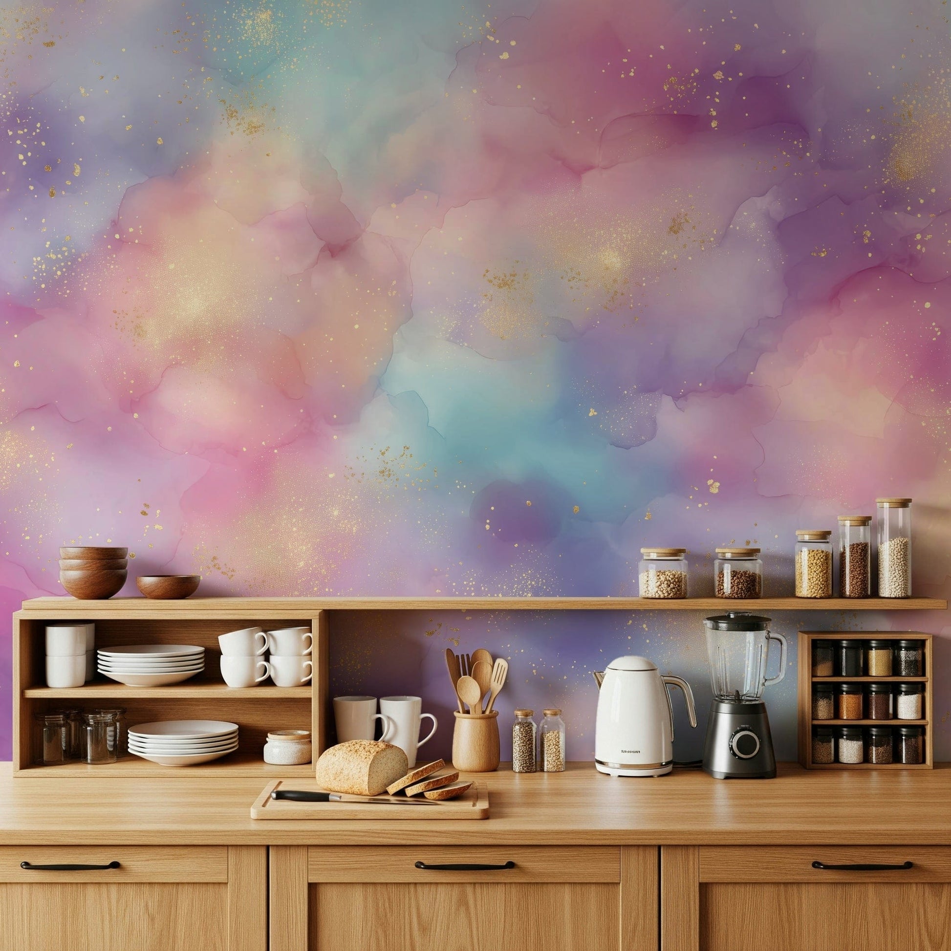 Serene blue mist fills Golden Dust Fantasy wallpaper mural.