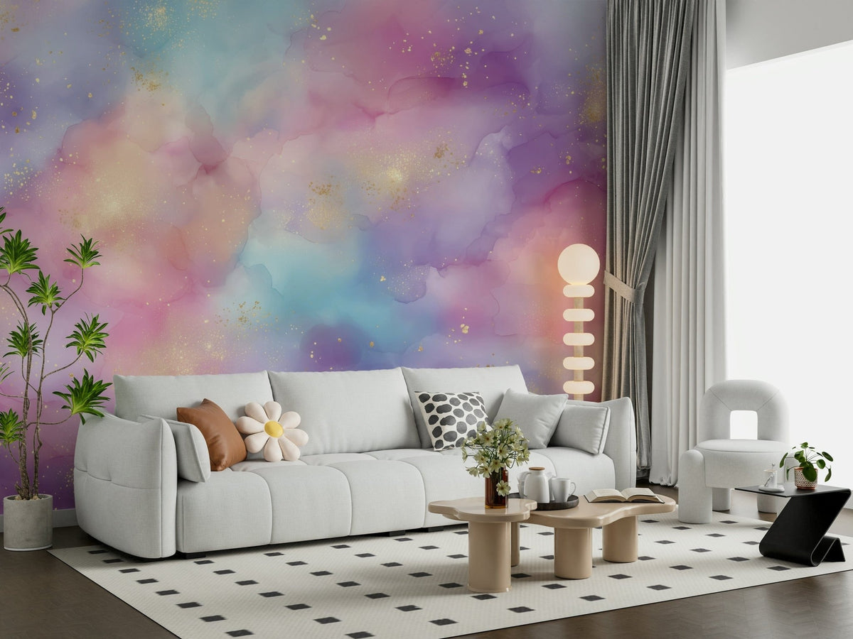 Golden Dust Fantasy wallpaper mural featuring ethereal pastel clouds.