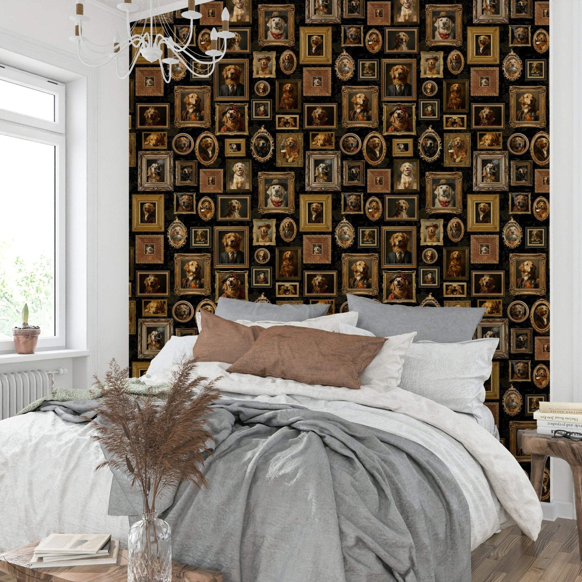 Wallpaper with portraits of dogs in a classic, golden era style.

