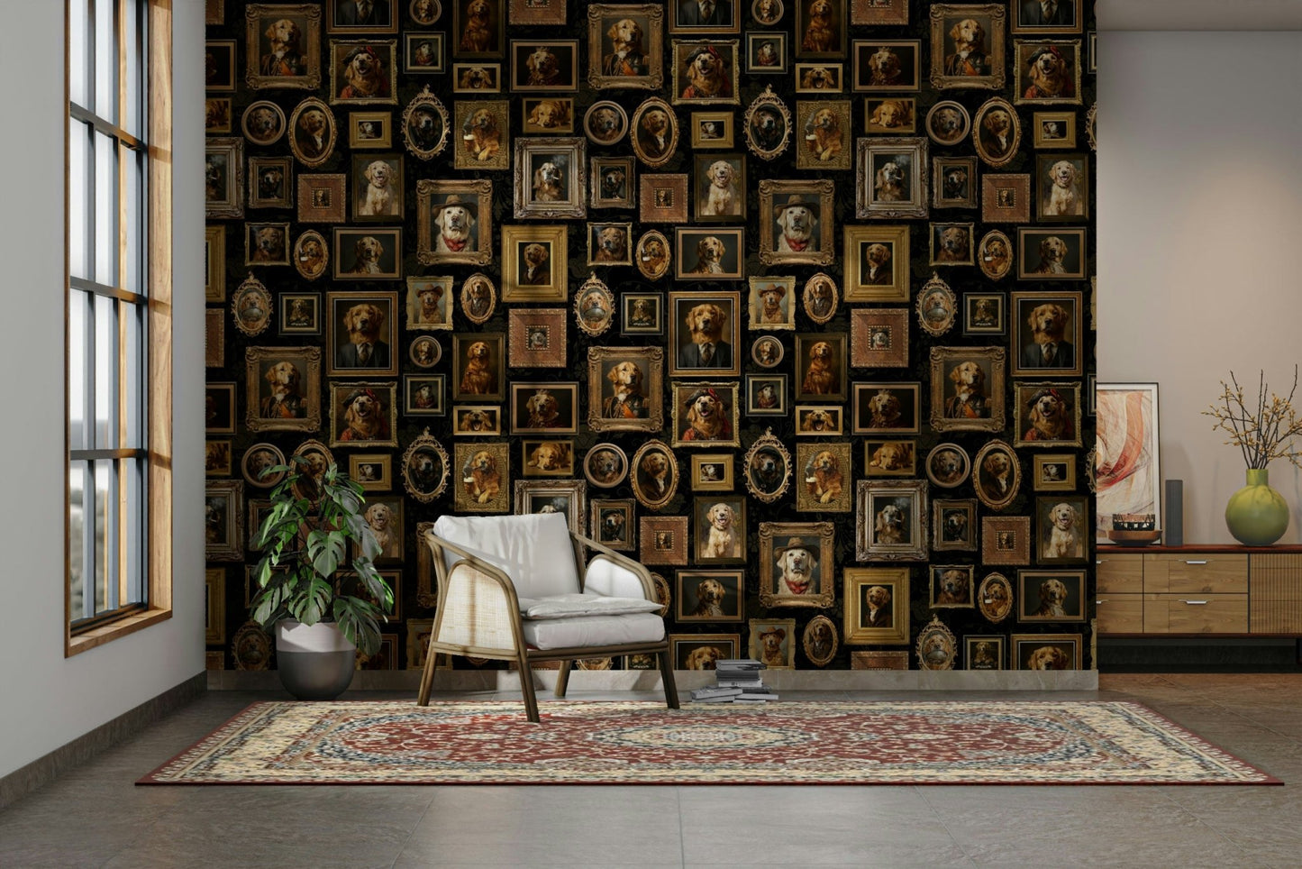 Elegant design with dogs painted in a sophisticated manner.

