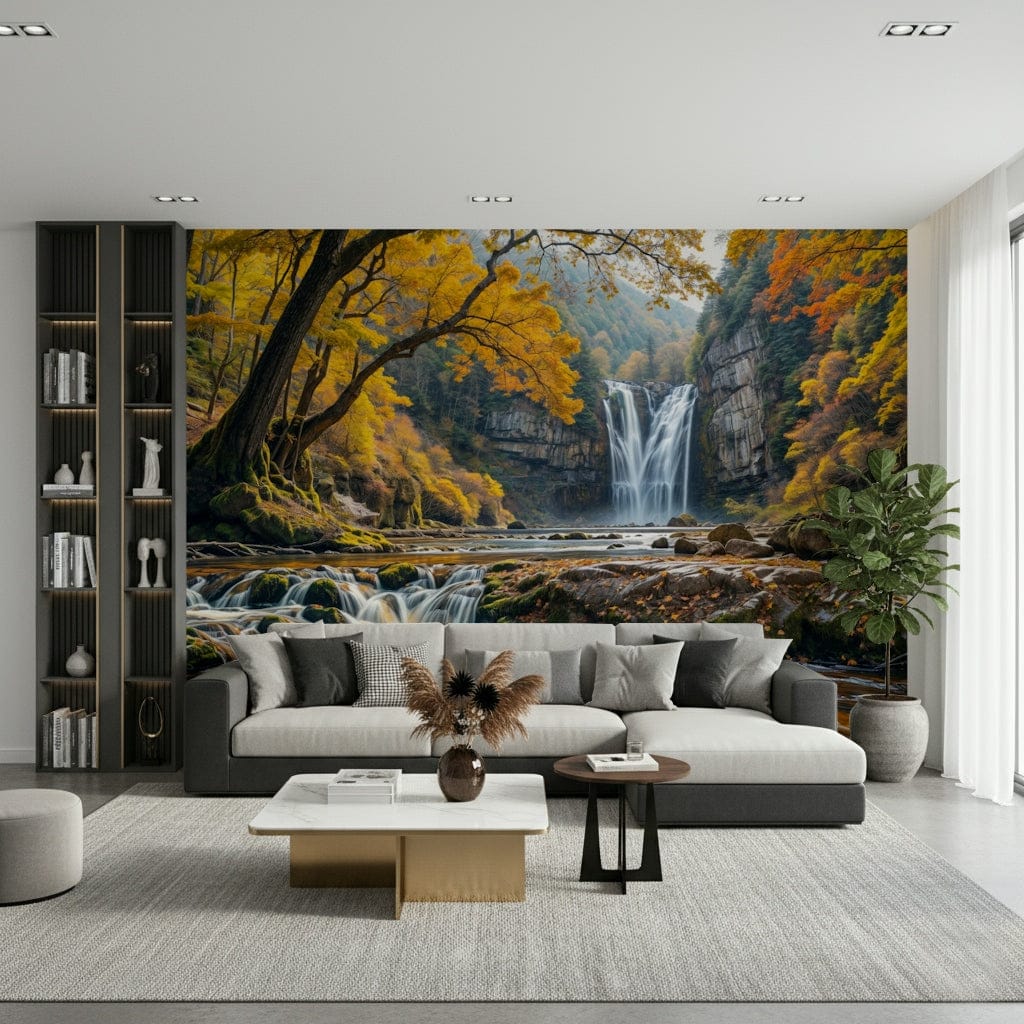 Golden Falls wallpaper mural of an autumn waterfall and yellow foliage above a gray sectional in a living room