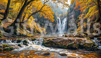 Golden Falls wallpaper mural shown as a full-wall scene of an autumn waterfall, gold foliage and a rocky river