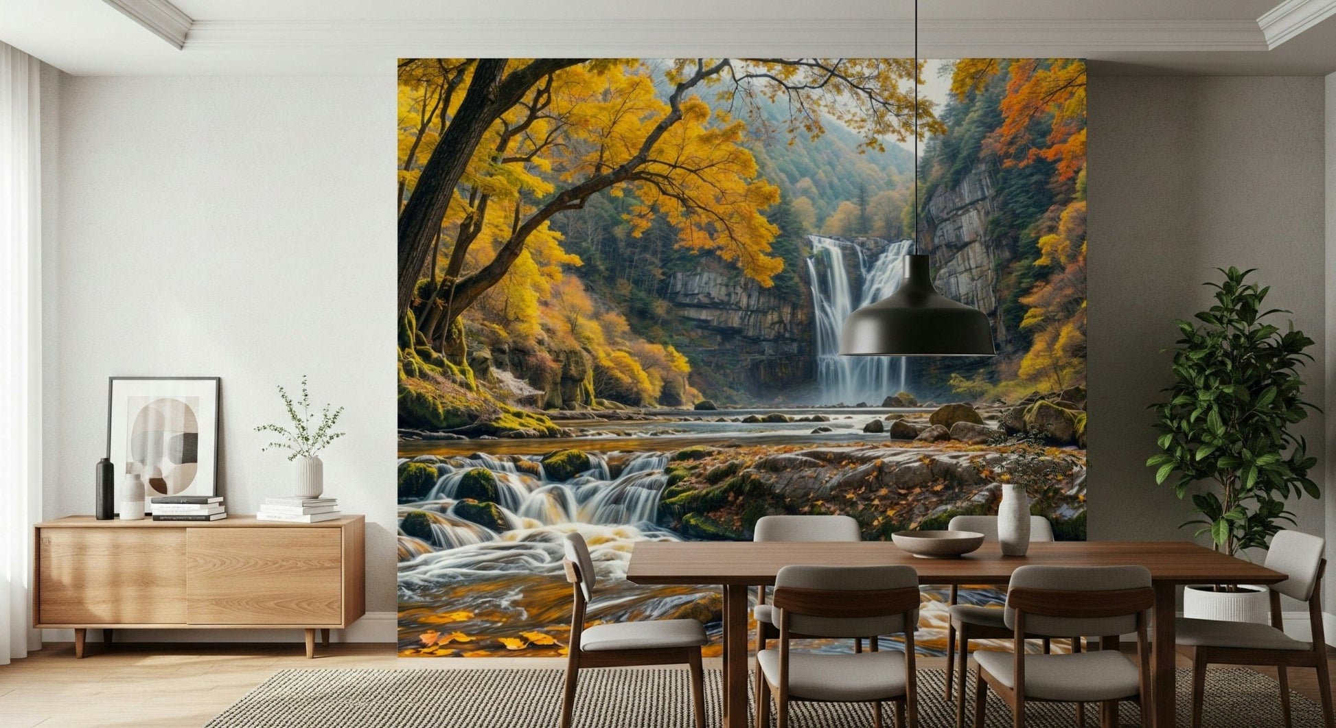 Golden Falls wallpaper mural of an autumn waterfall behind a dark wood dining table and chairs in a dining room
