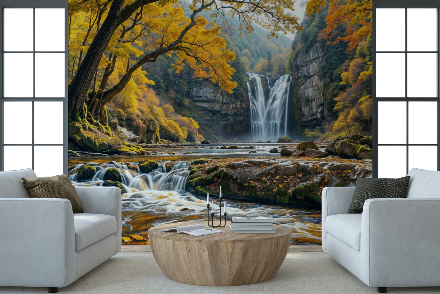 Golden Falls wallpaper mural of an autumn waterfall behind two white armchairs and a round wood table