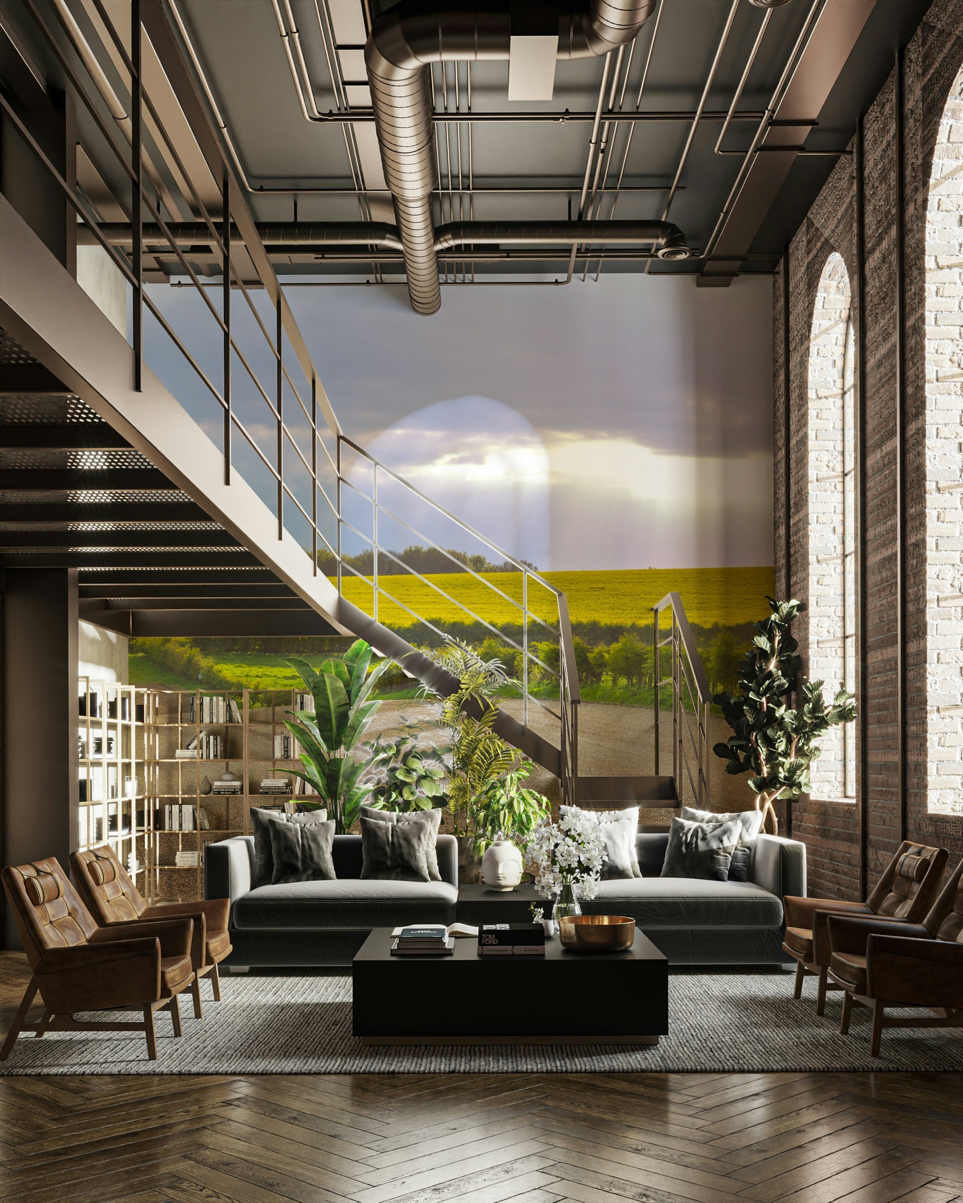 The mural shows a panoramic view of wheat fields.

