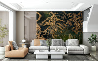 Close-up botanical mural in reading nook, gentle gold light, modern wall decor