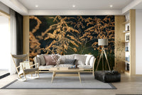 Delicate wildflower mural on feature wall, modern lounge with natural lighting