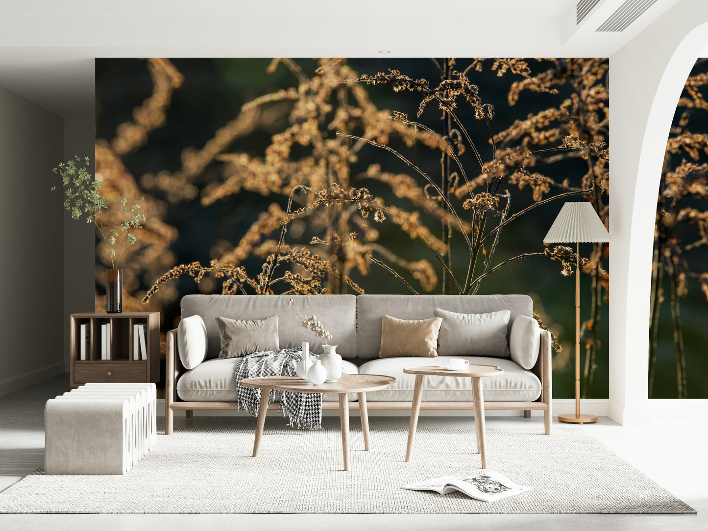 Soft flora wall mural in hallway, warm colour wash, modern apartment entry