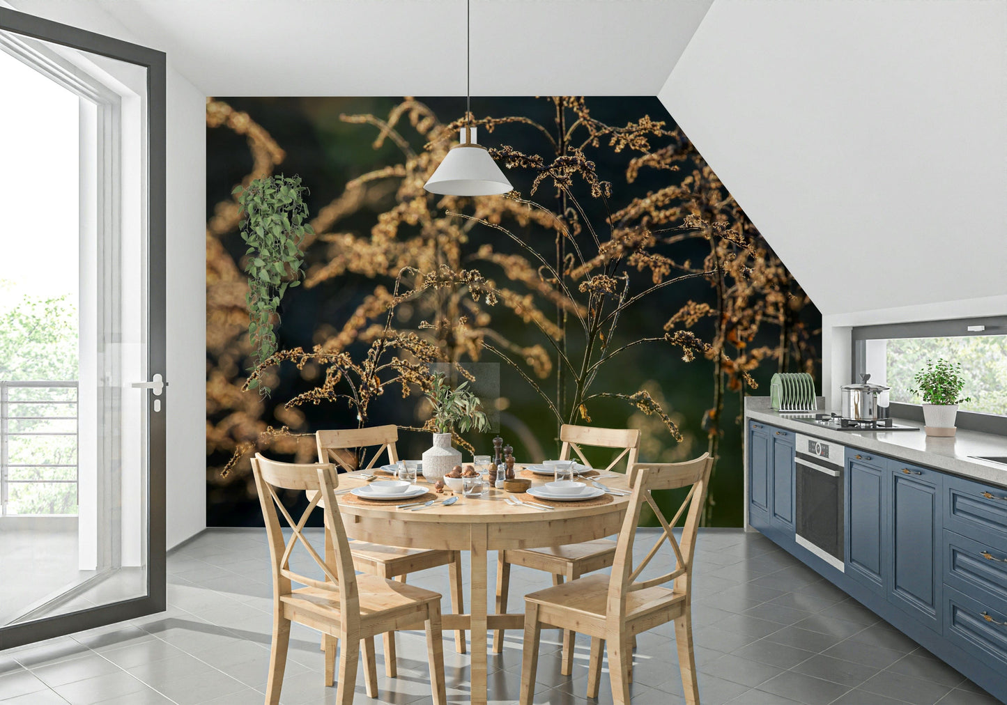 Botanical photo wall mural in apartment bedroom, calm neutral colour palette