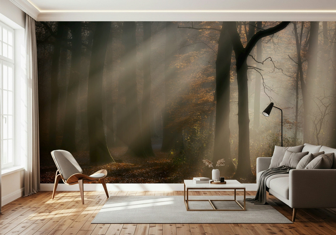Golden sunbeams through trees in Golden Haze wallpaper.