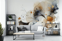 Lounge full wall mural with ginkgo branches, neutral background and gold tones