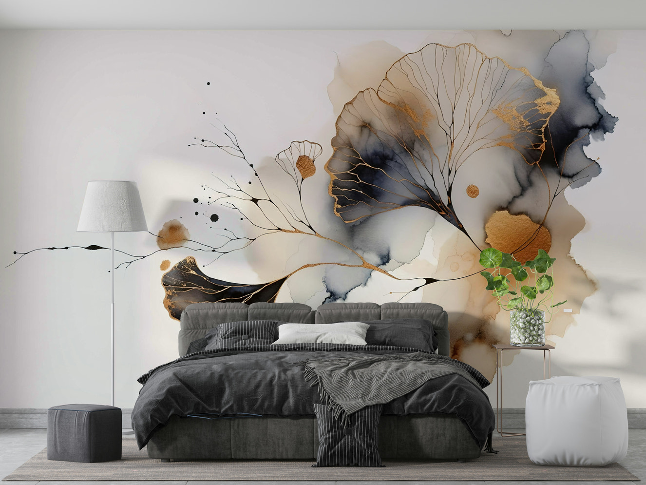 Modern ginkgo mural in living room feature wall, gold and cream tones