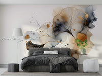 Modern ginkgo mural in living room feature wall, gold and cream tones