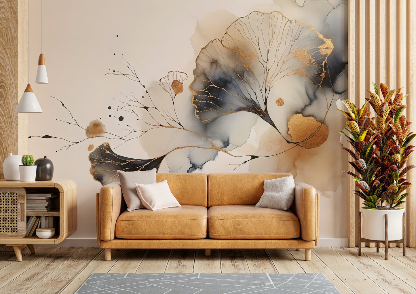 Apartment dining area feature wall mural, ginkgo pattern in gold and beige