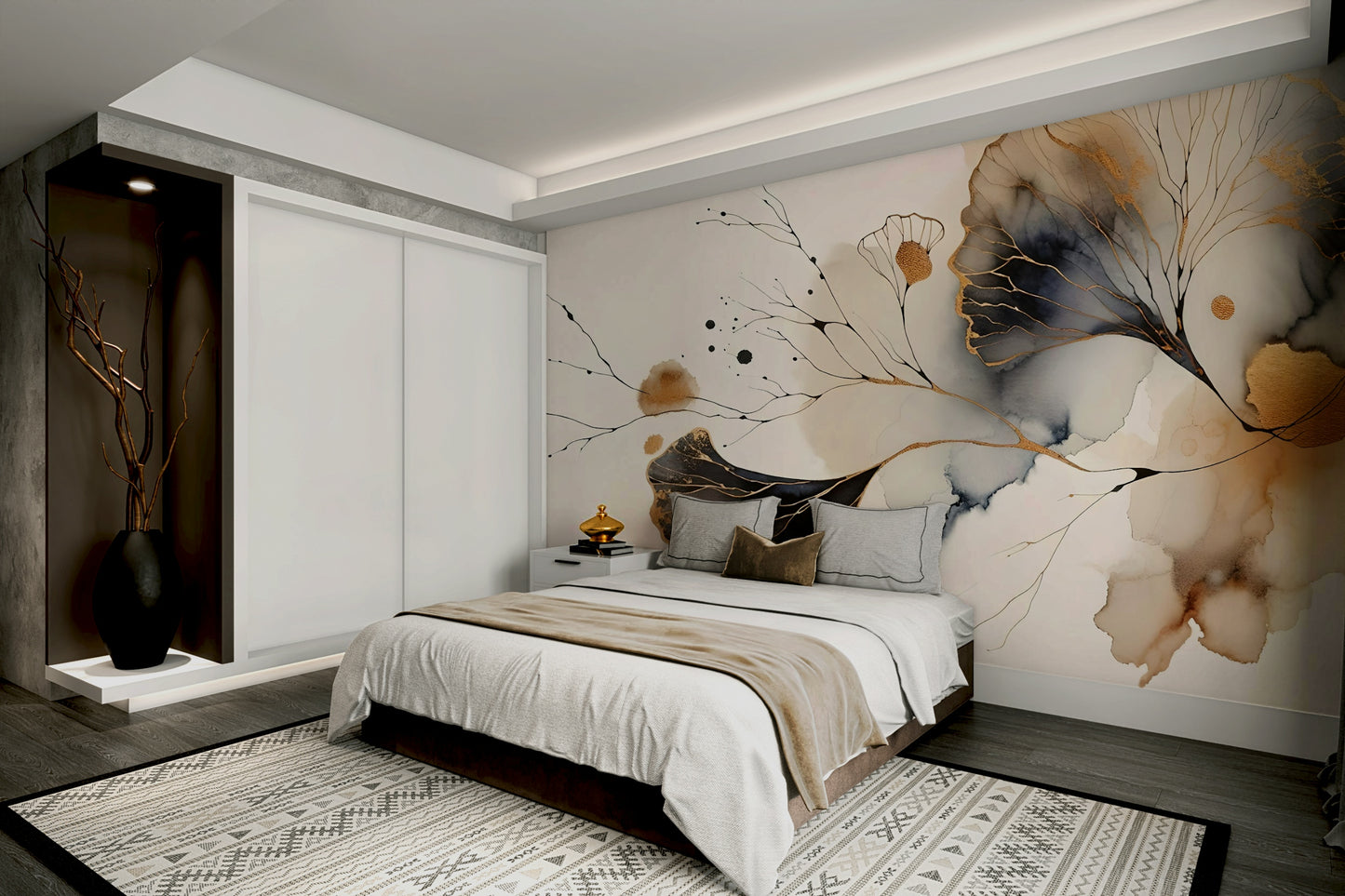 Bedroom accent wall mural with ginkgo leaves, warm gold color detail