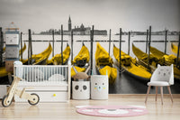 Golden Gondolas wall mural, yellow boats, striking selective color photo.