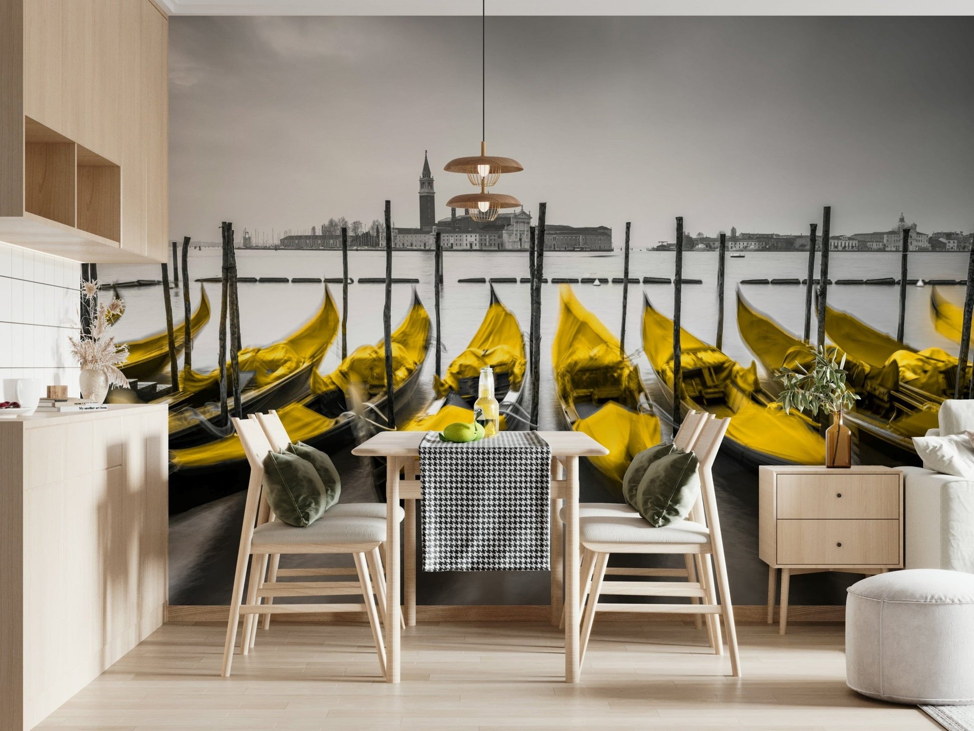Modern wall mural, intense yellow canopies, Italian harbor scene, Venice in Contrast.