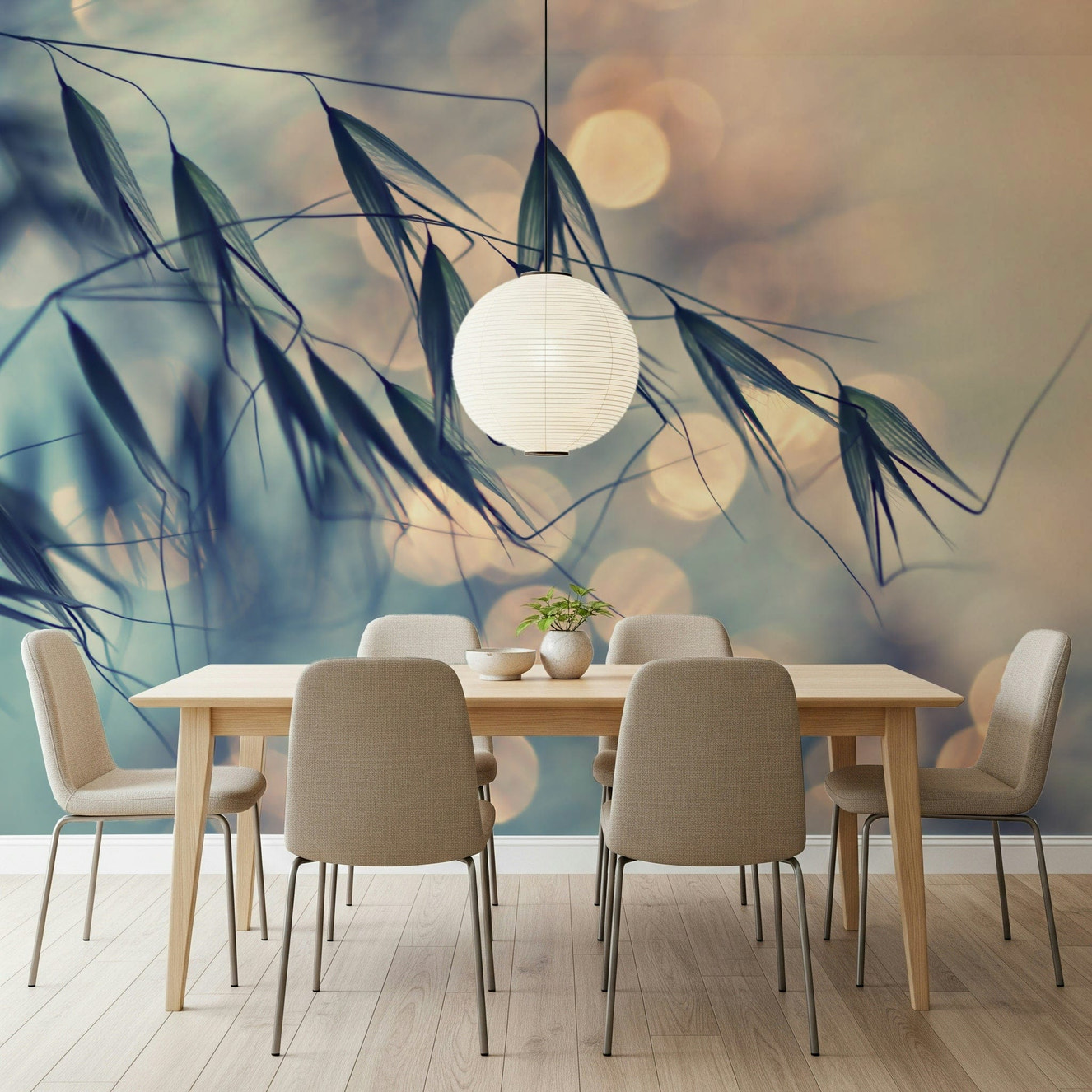 A beautiful golden hour wallpaper mural with subtle floral detail.

