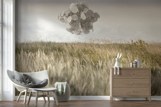 Golden Meadow wallpaper mural of windswept golden dune grasses above a wood dresser in a child's nursery