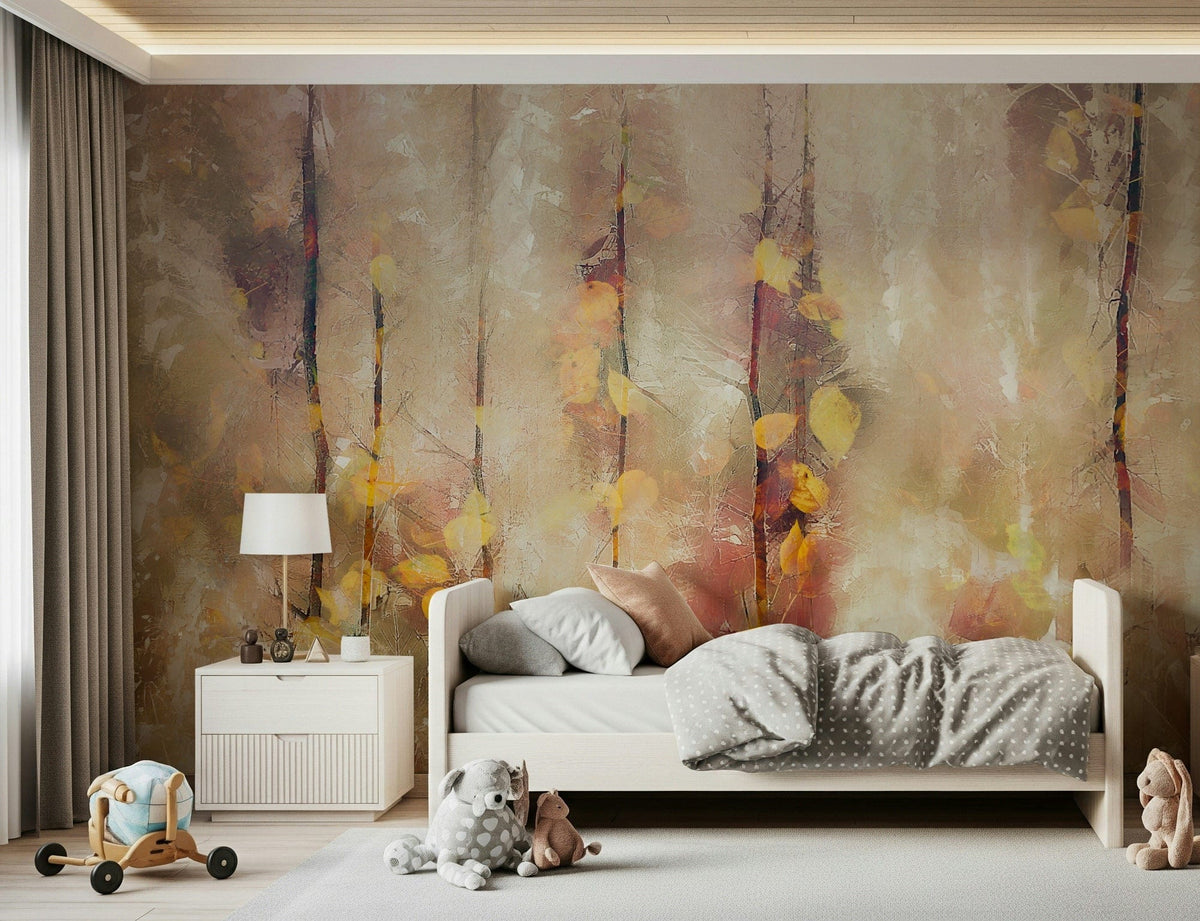 Golden Grove wallpaper mural of autumn trees with golden leaves behind a white kids bed in a warm nursery