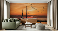 Romantic Golden Horizon wall art sunset glow sailboat seabirds flying pattern.