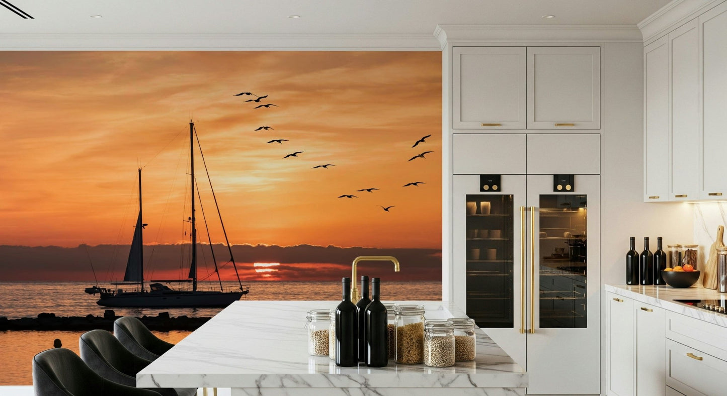 Calm Golden Horizon wall graphic sailboat golden sky flying creatures print.