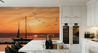 Calm Golden Horizon wall graphic sailboat golden sky flying creatures print.