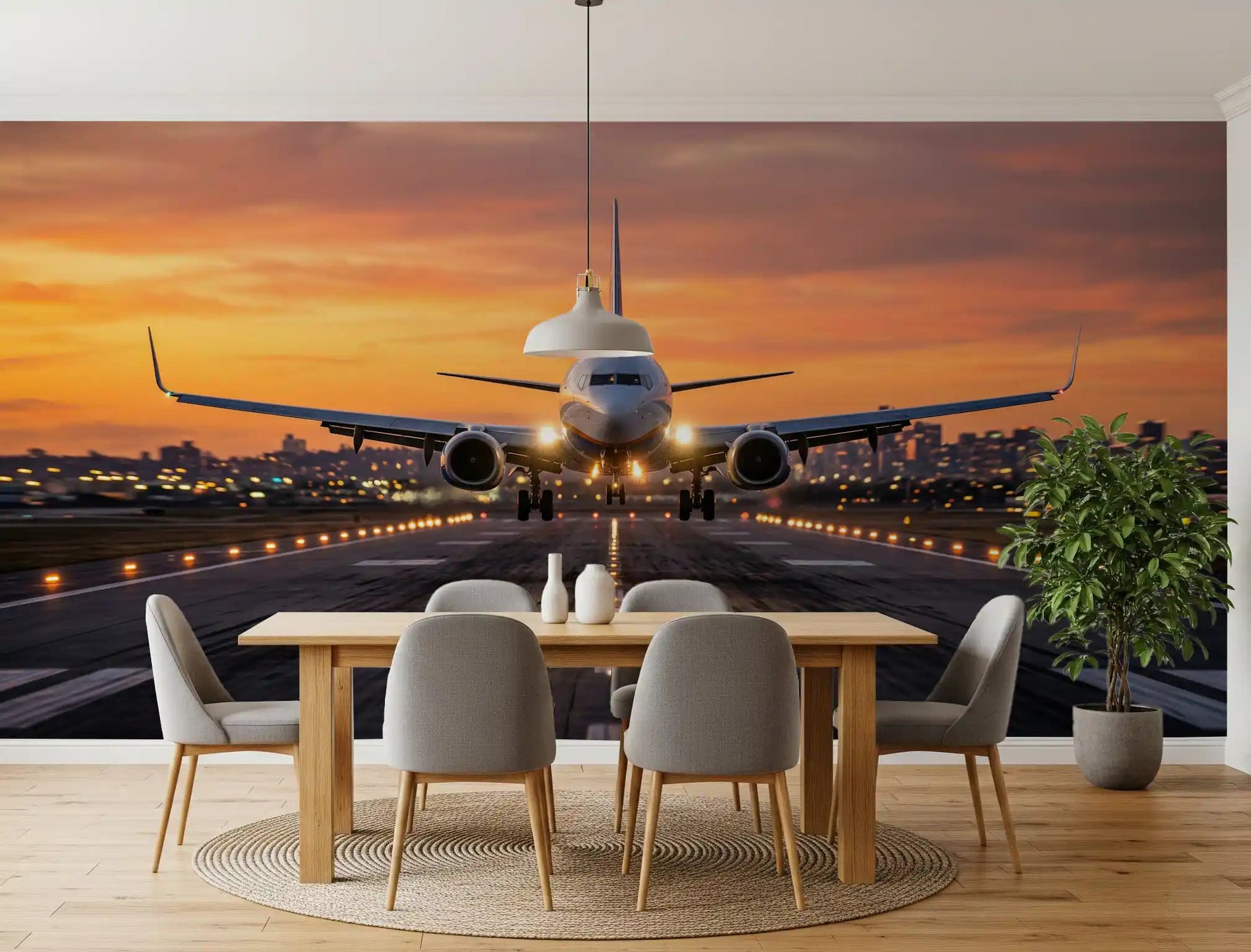 Realistic Golden Hour Ascent airplane runway wall mural perspective