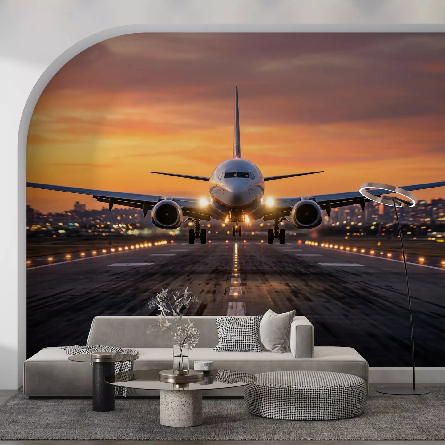 Modern Golden Hour Ascent runway airplane wall mural with skyline